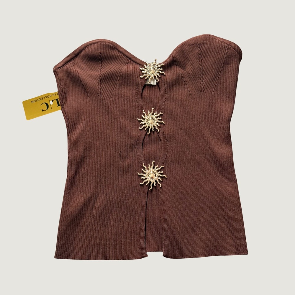 Strapless Sunburst Top M Ribbed Knit Cutout Brown NWT